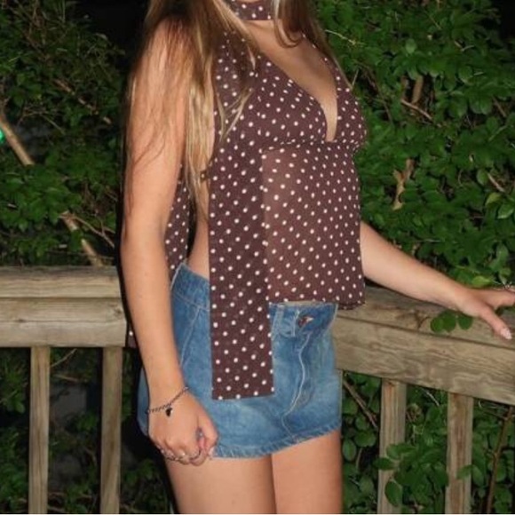 Elegant Brown Polka Dot Halter Blouse - Picture 2 of 3